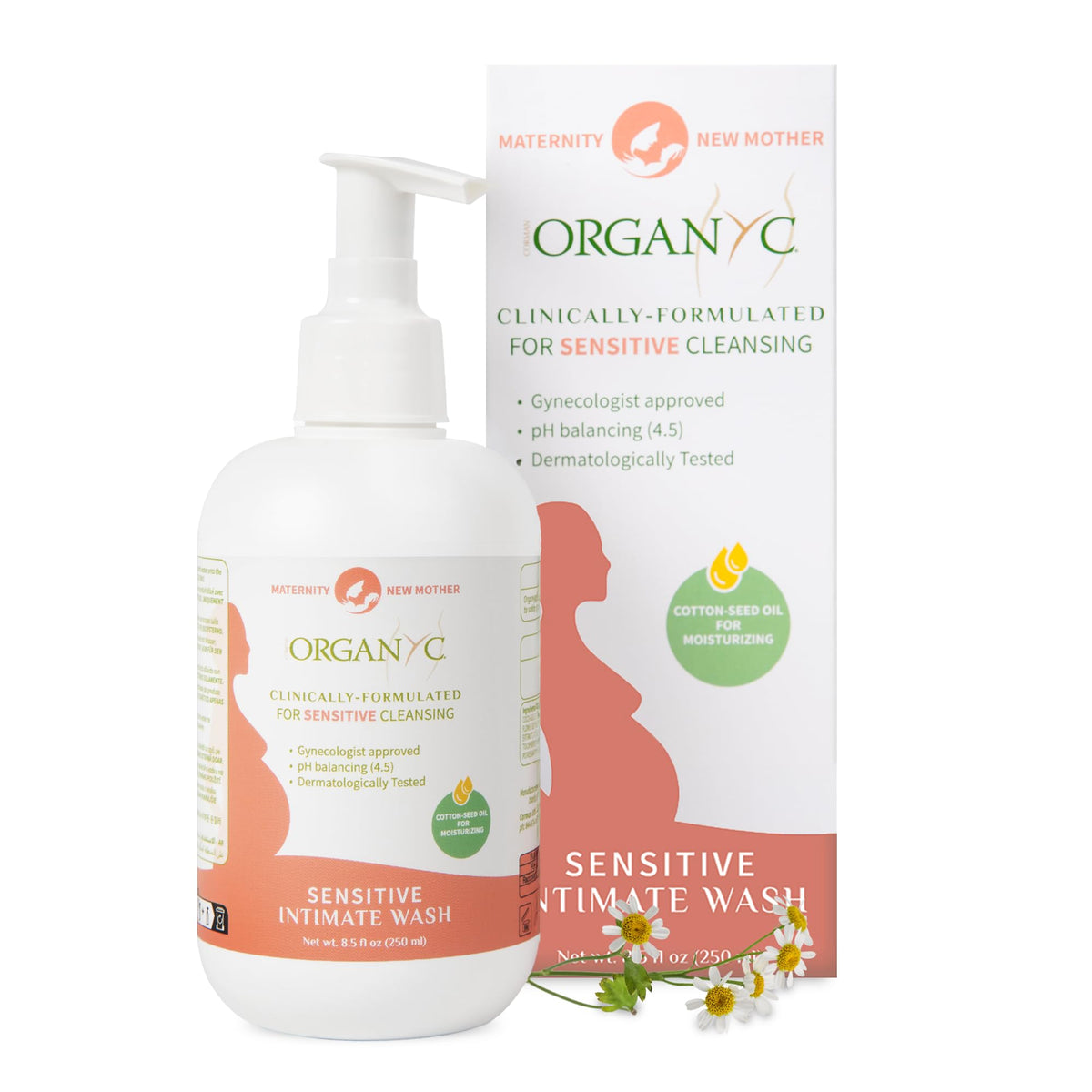 Organyc Feminine Wash maternity bottle for gentle pregnancy skin care.