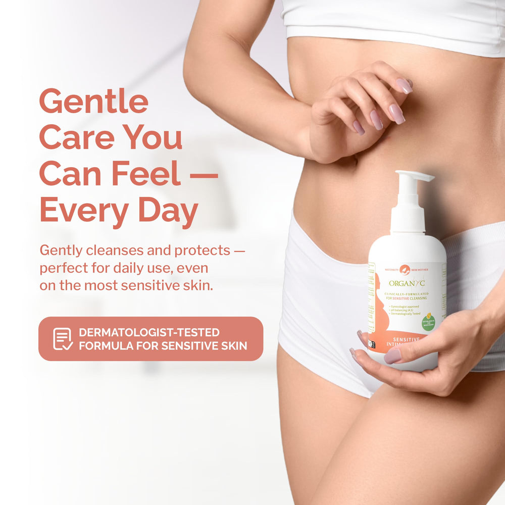 Organyc Feminine Wash paraben-free label signals clean, gentle care.