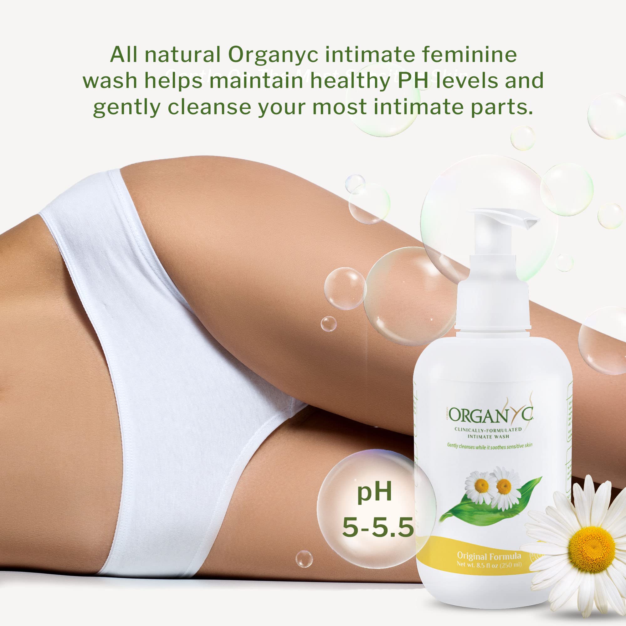 Organyc Feminine Wash pour action highlights smooth cleansing.