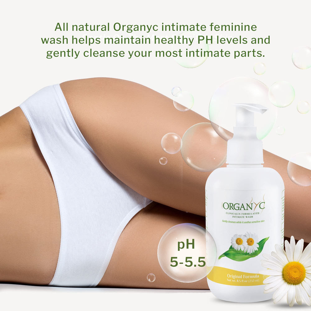Organyc Feminine Wash pour action highlights smooth cleansing.