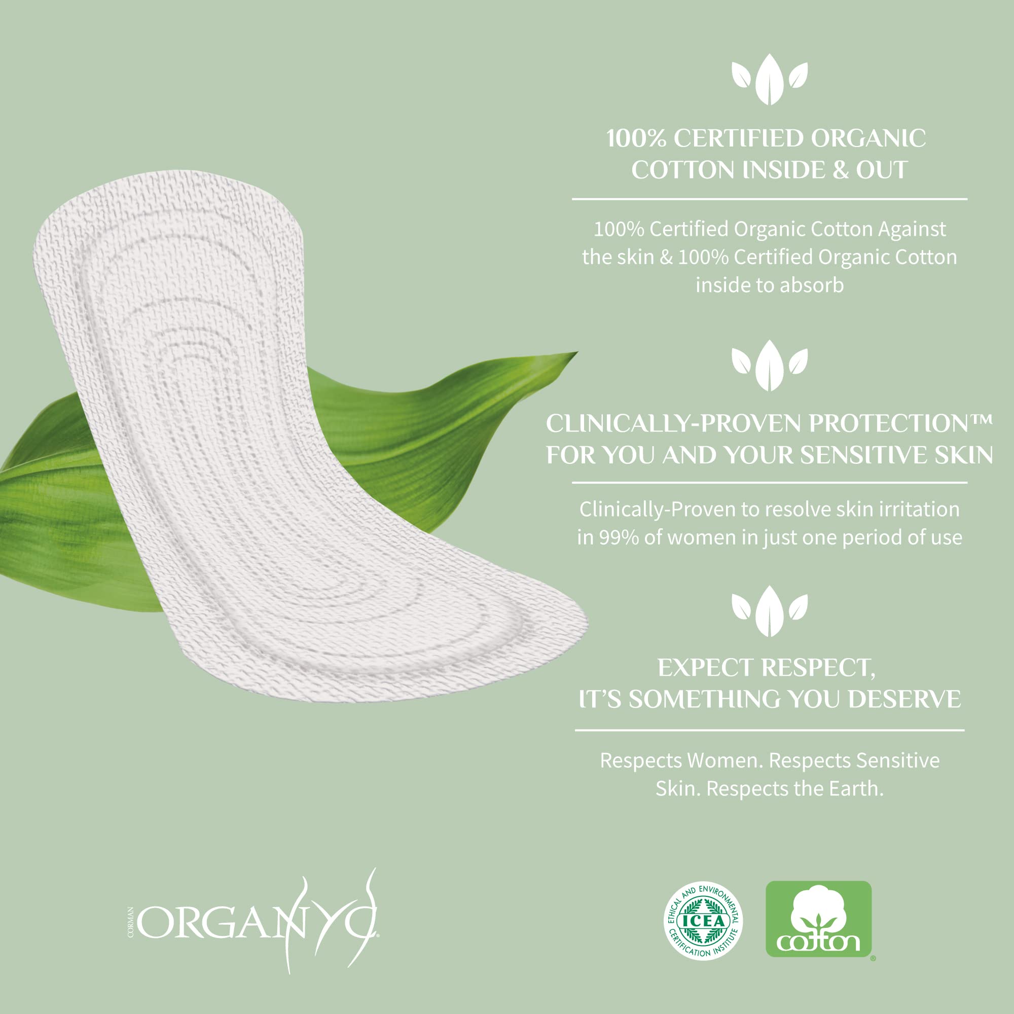 Organyc hypoallergenic cotton liner—fragrance-free, skin-friendly protection.
