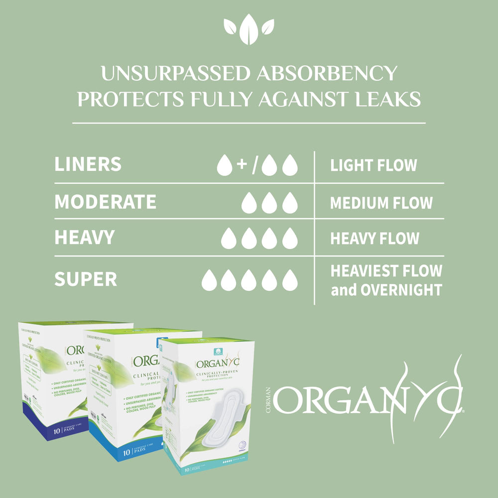 Organyc individually wrapped pad favors on-the-go convenience and tidy handling.
