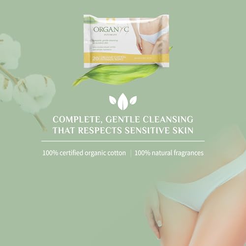 Organyc label shows no parabens, alcohol, or chlorine for sensitive skin.