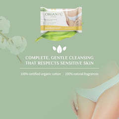Organyc label shows no parabens, alcohol, or chlorine for sensitive skin.