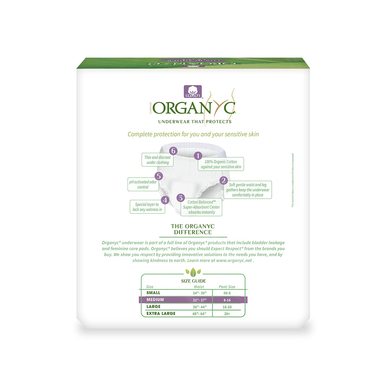 Organyc odor-protection feature with a pH-balanced core demonstrated in product image.