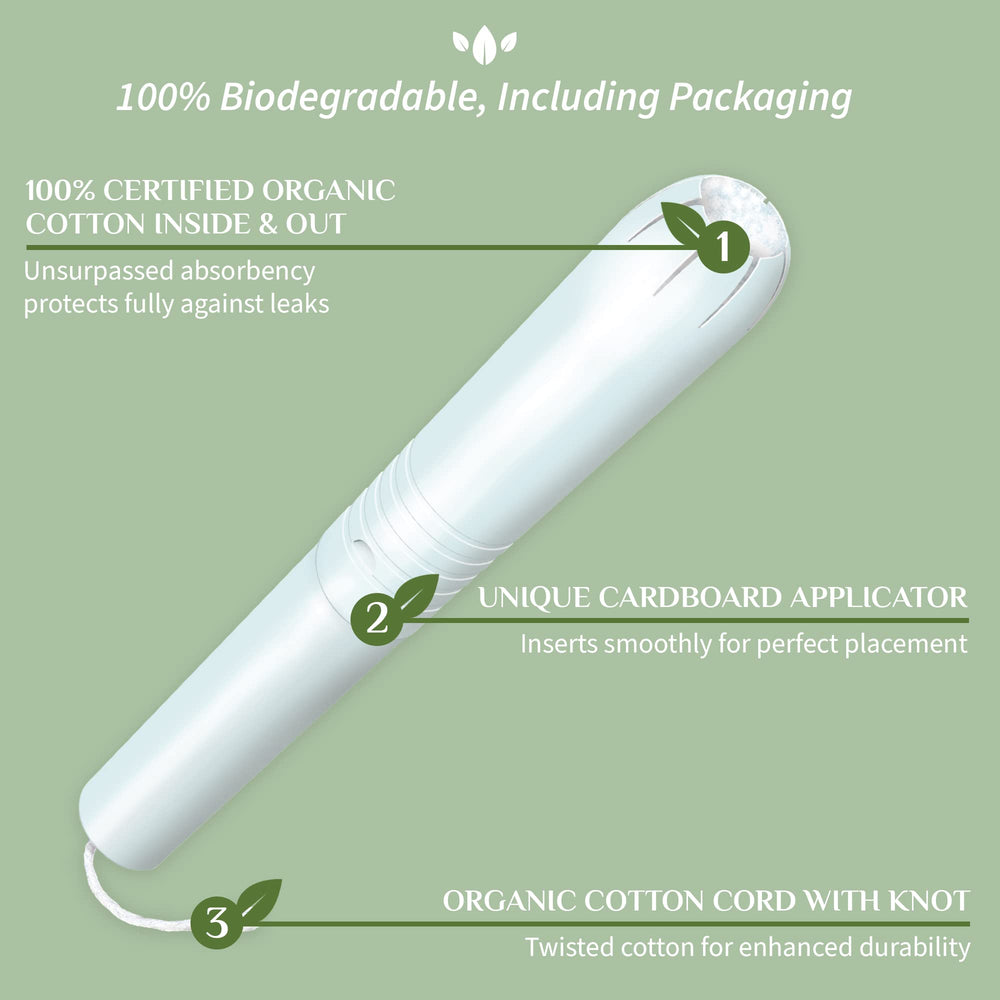 Organyc organic cotton tampon close-up showing soft material and absorbency potential.