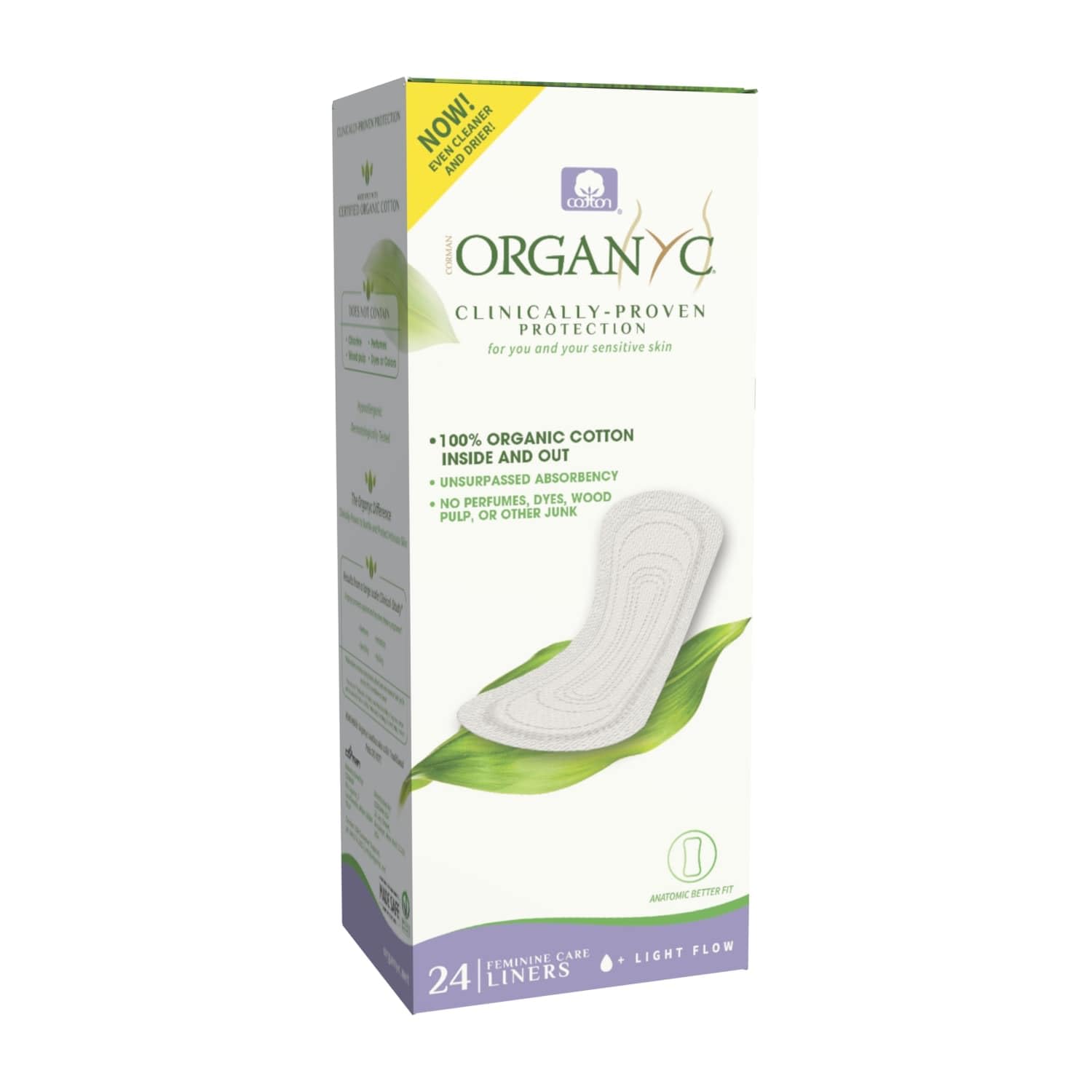 Organyc packaging shows a flat panty liner ready for discreet daily use.