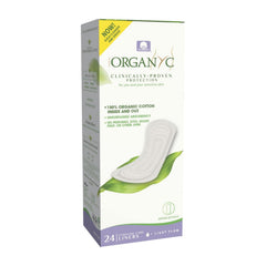 Organyc packaging shows a flat panty liner ready for discreet daily use.