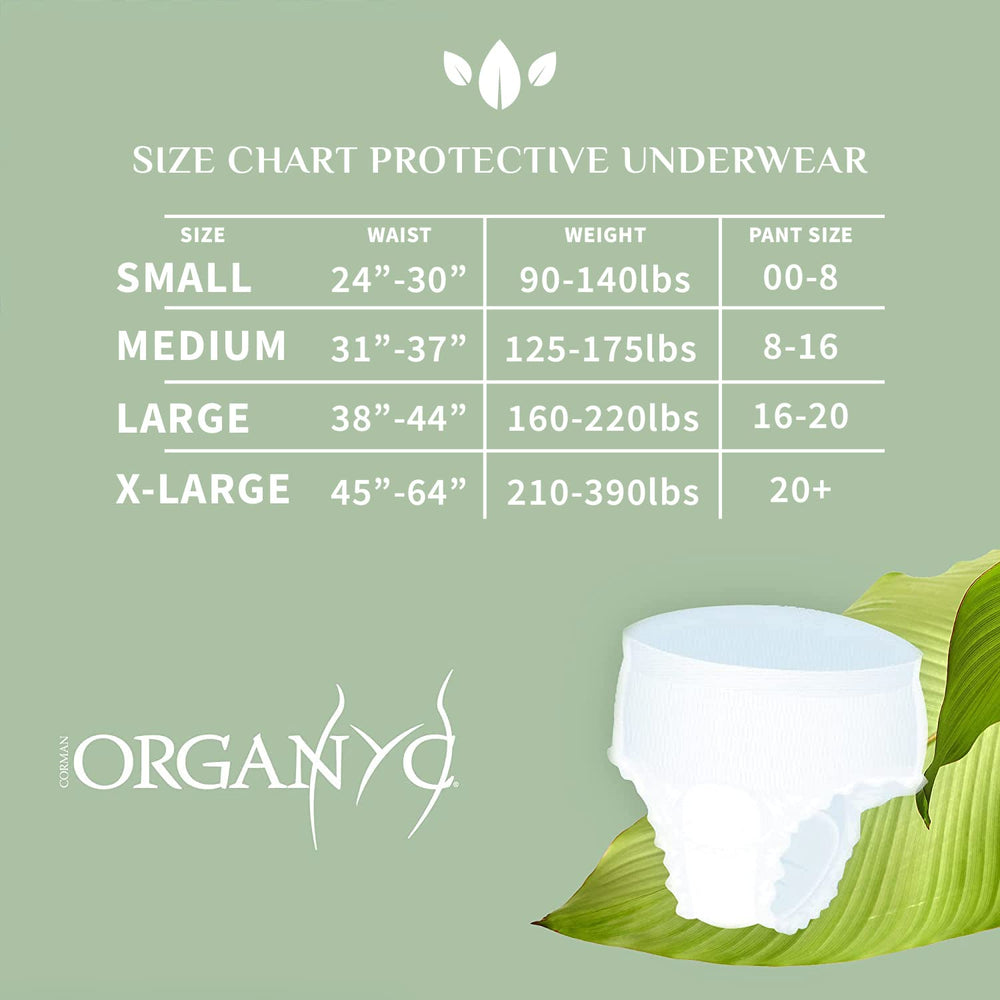 Organyc size range guide showing comfortable fit across bodies.