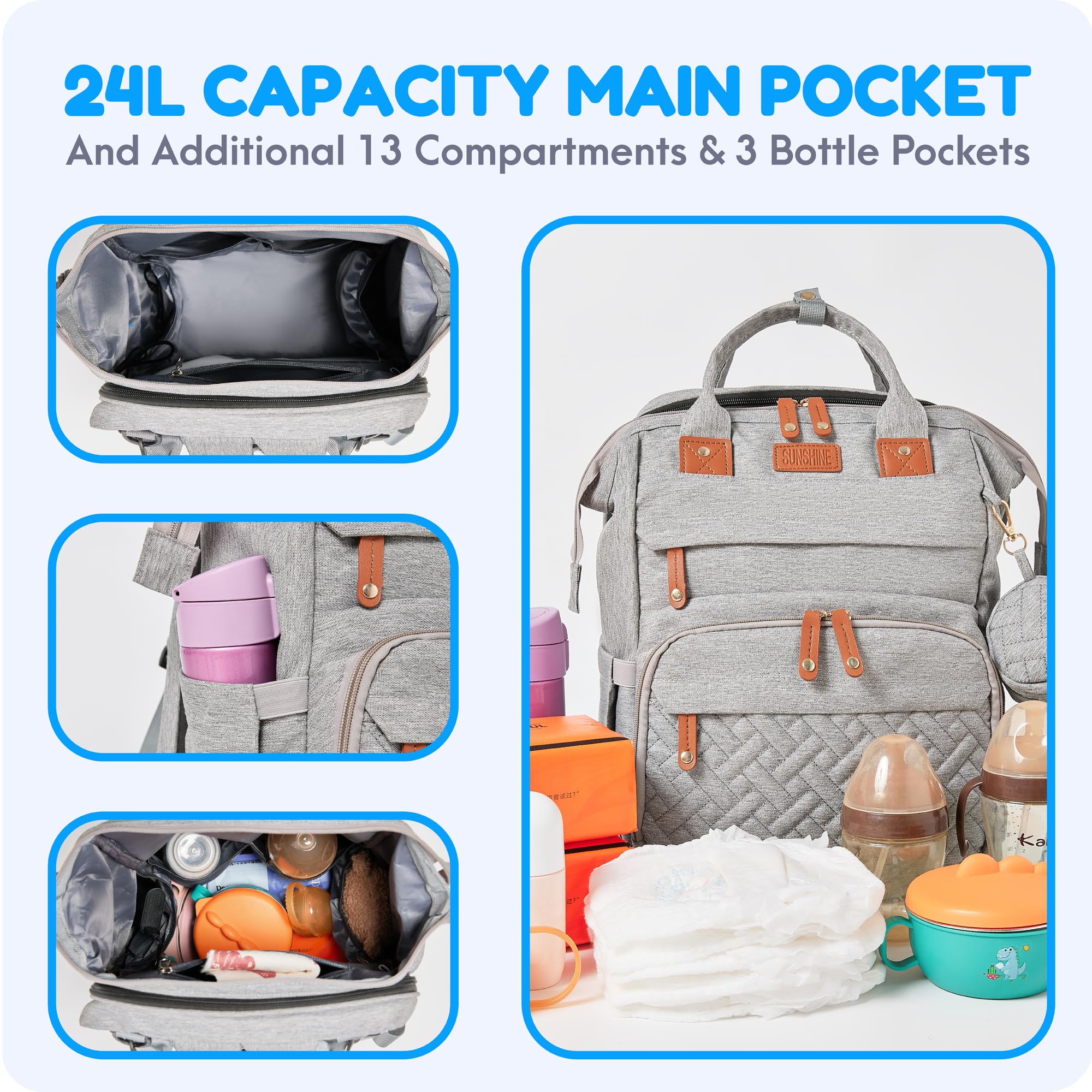 Orian diaper bag attached to stroller with straps for hands-free use