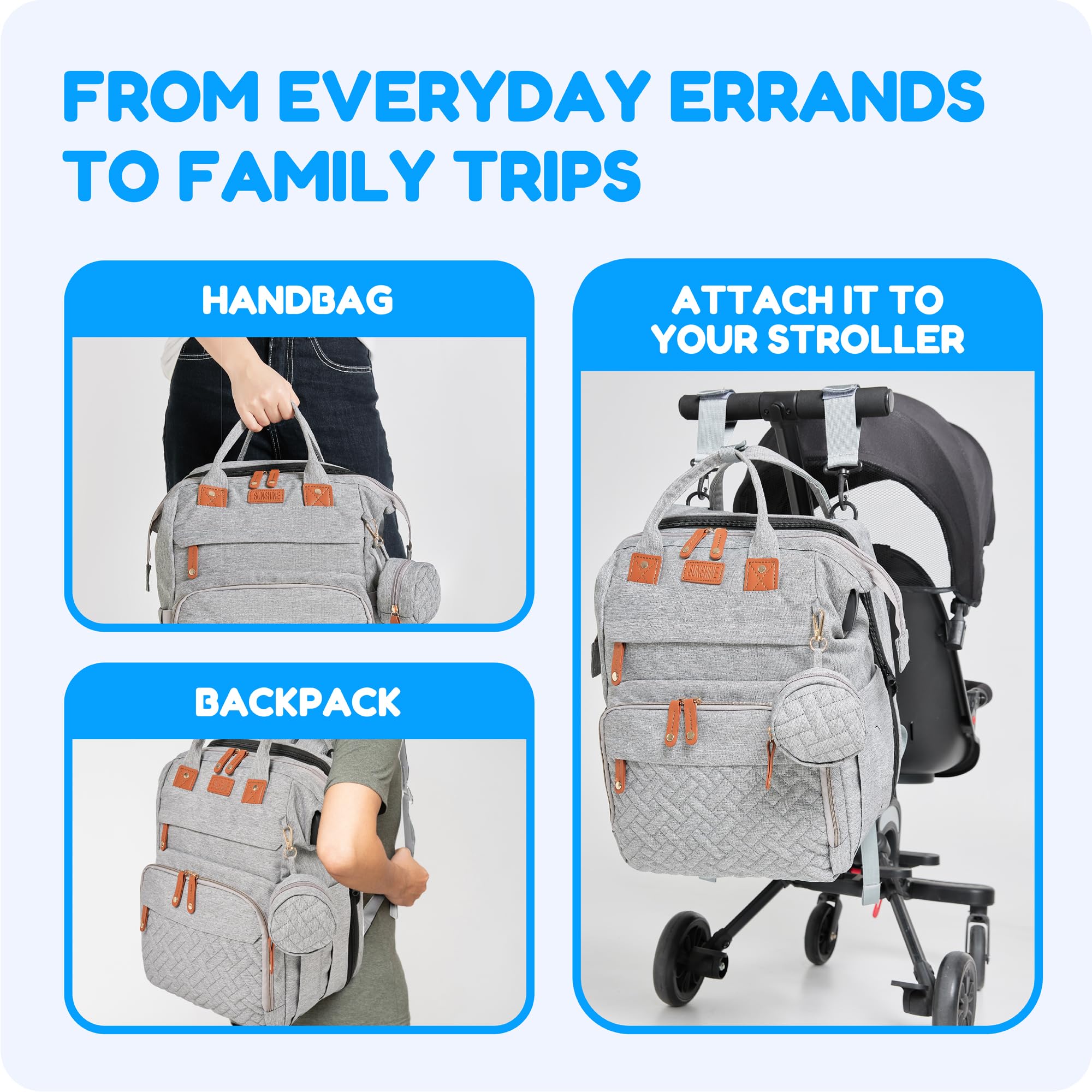 Orian diaper bag includes USB port and pacifier holder for travel