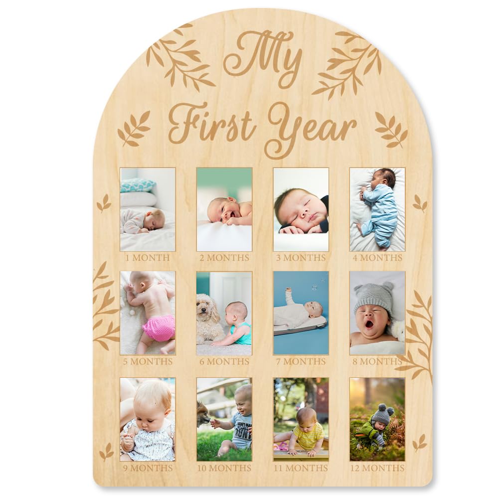 ORIGACH My First Year display frame with leaves pattern showcases baby’s monthly milestones at a glance