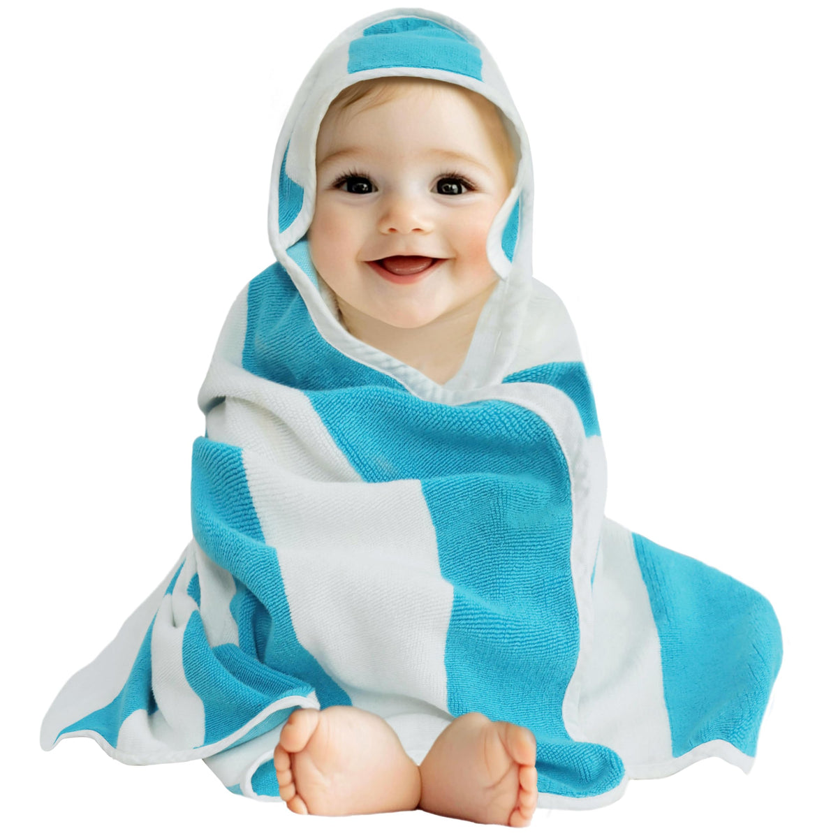 Original Kids hooded baby towel with cabana stripe aqua, soft and absorbent after bath.