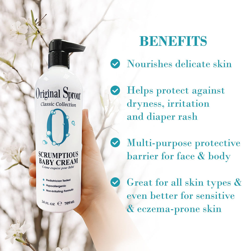 Original Sprout Scrumptious Baby Cream being applied to the face.
