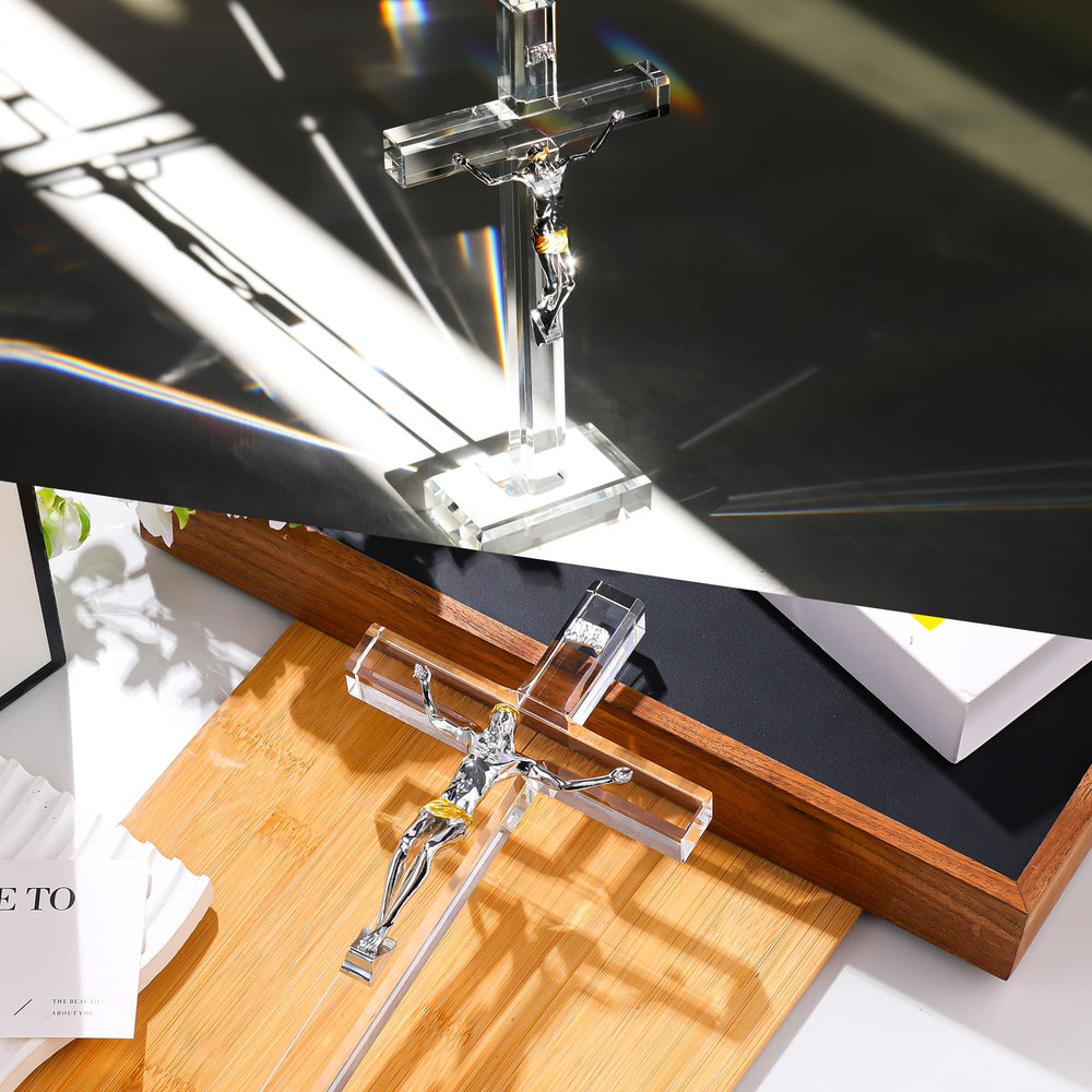 Ornalrist crystal cross adds serene altar or shelf centerpiece