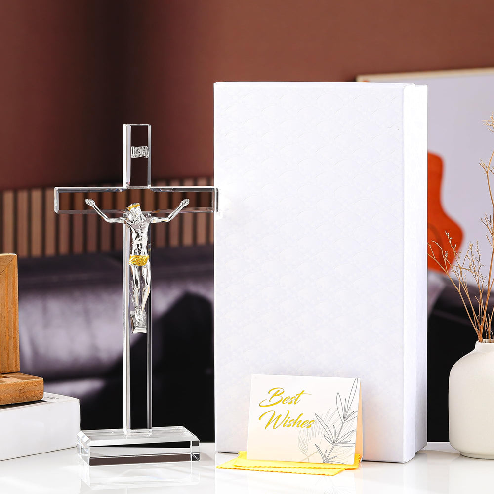 Ornalrist crystal cross on window sill enhances home decor with light