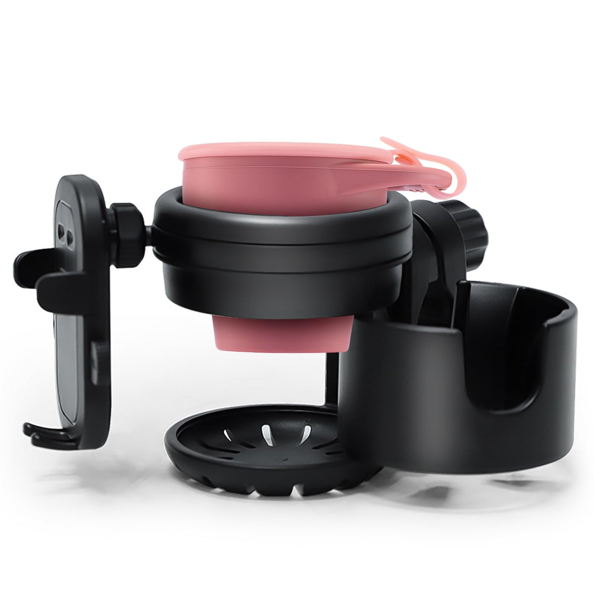 Orylia 3-in-1 stroller cup holder with phone mount keeps bottle and phone secure.