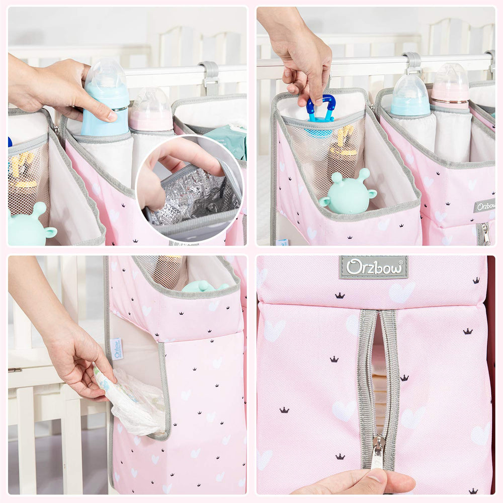 Orzbow 3-in-1 hanging diaper caddy assembly demonstrates adjustable mounting options