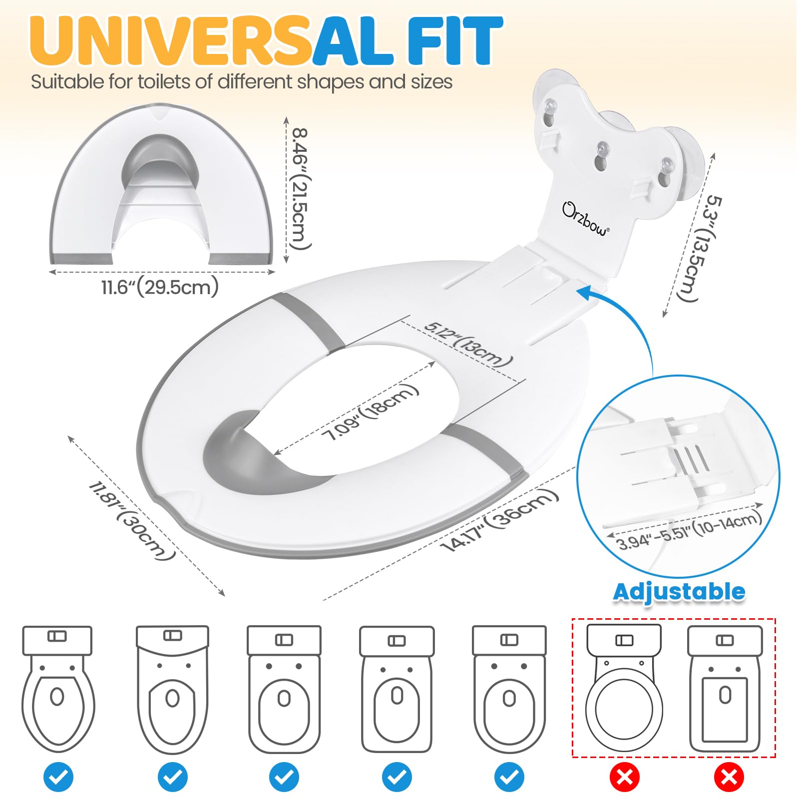 Orzbow adjustable-length potty seat fits most toilets for home and travel.