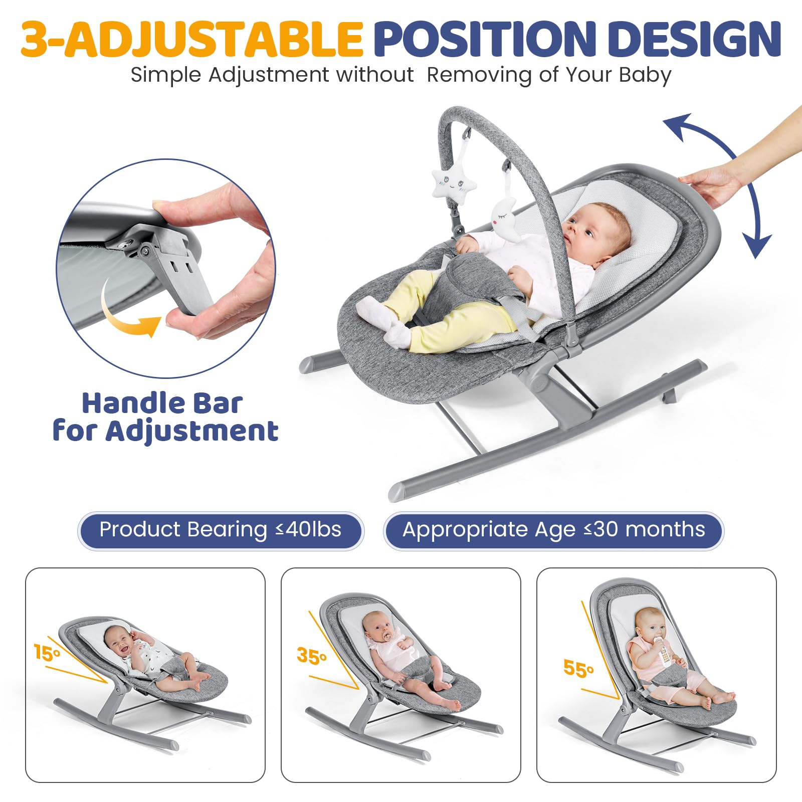 Orzbow angle adjust handle enables easy one-handed recline changes.