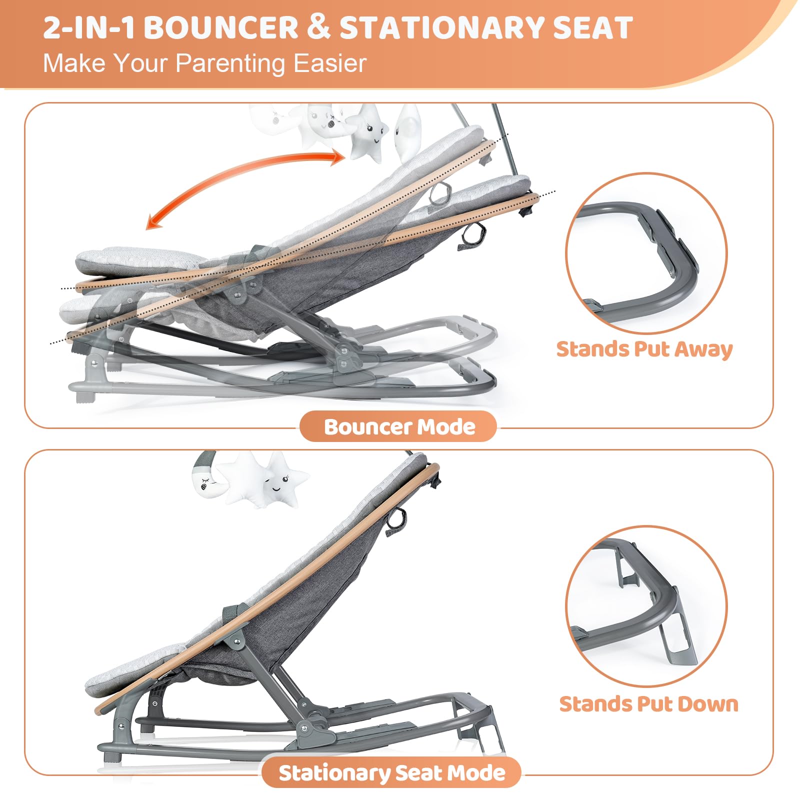 Orzbow baby bouncer at 40-degree angle supports gentle play and rest.