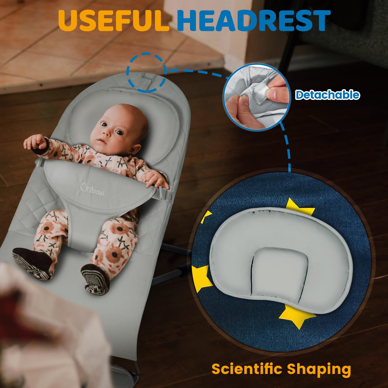 Orzbow gray bouncer fits modern nurseries and keeps baby close.