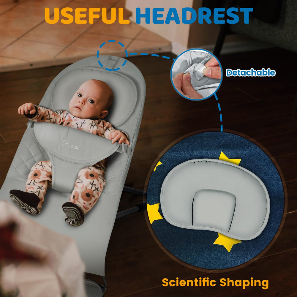 Orzbow gray bouncer fits modern nurseries and keeps baby close.