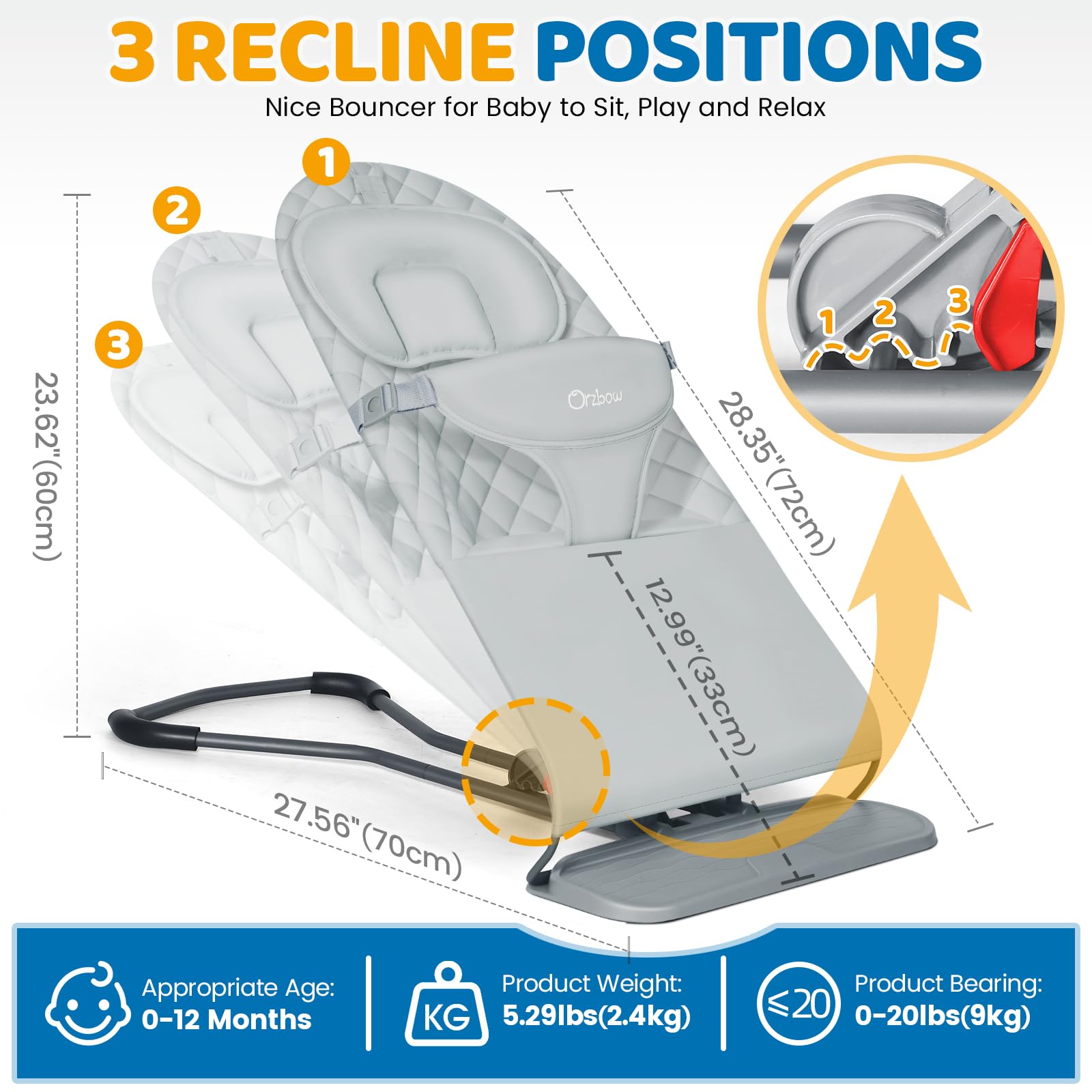 Orzbow bouncer with three recline positions supports comfortable awake time.