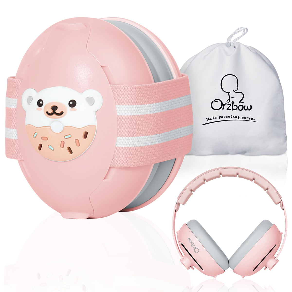 Orzbow baby ear muffs pink bear design protect during travel