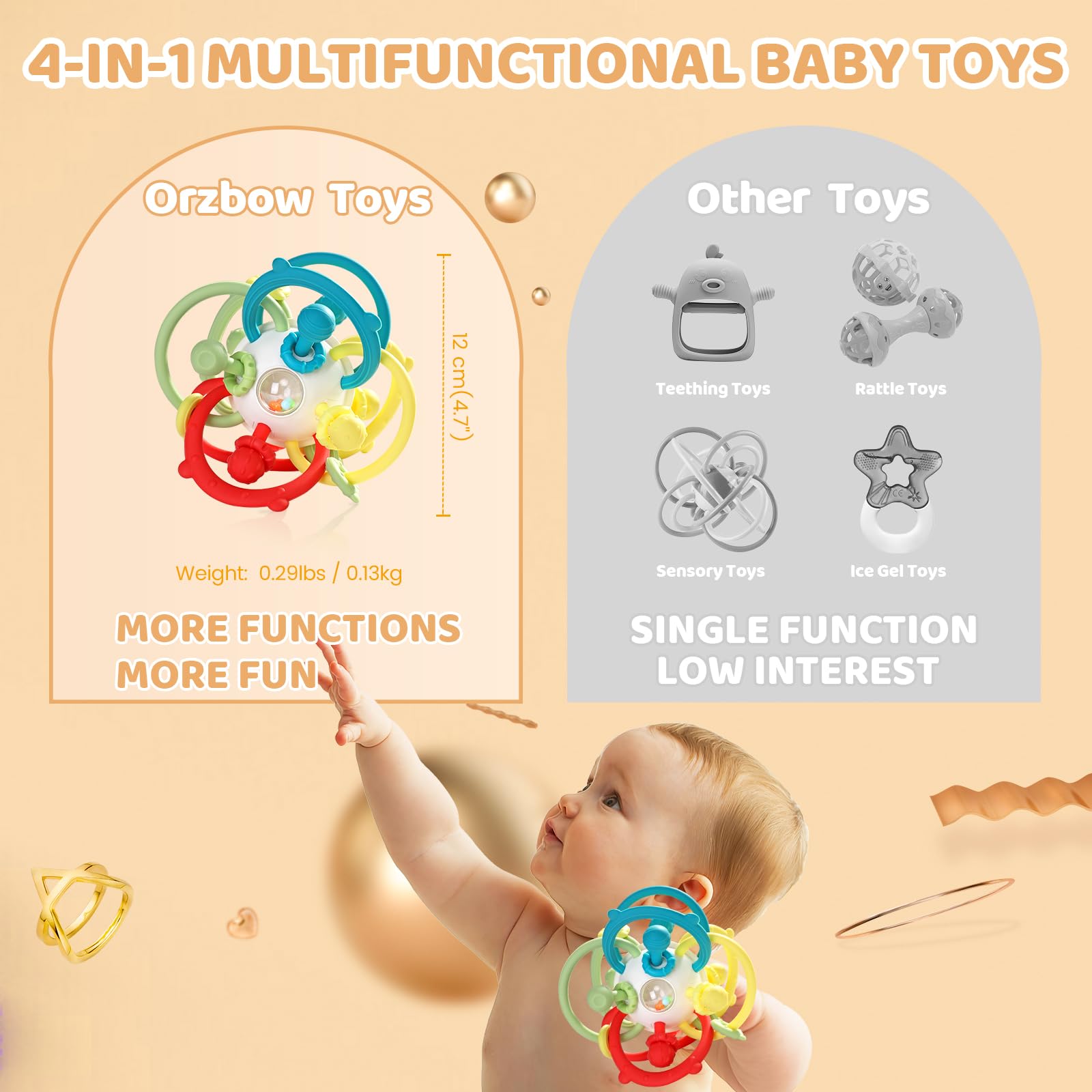 Orzbow baby rattle with built-in sound balls for sensory play and coordination.