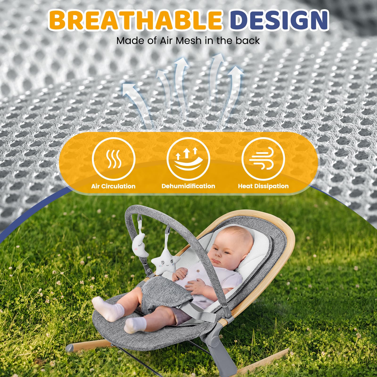 Orzbow Baby Rocker Chair 3-point harness for secure baby seating.