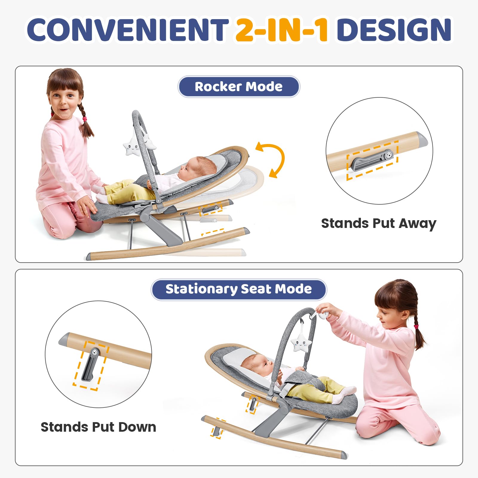 Orzbow Baby Rocker Chair base angle 35° supports comfortable play and rest.