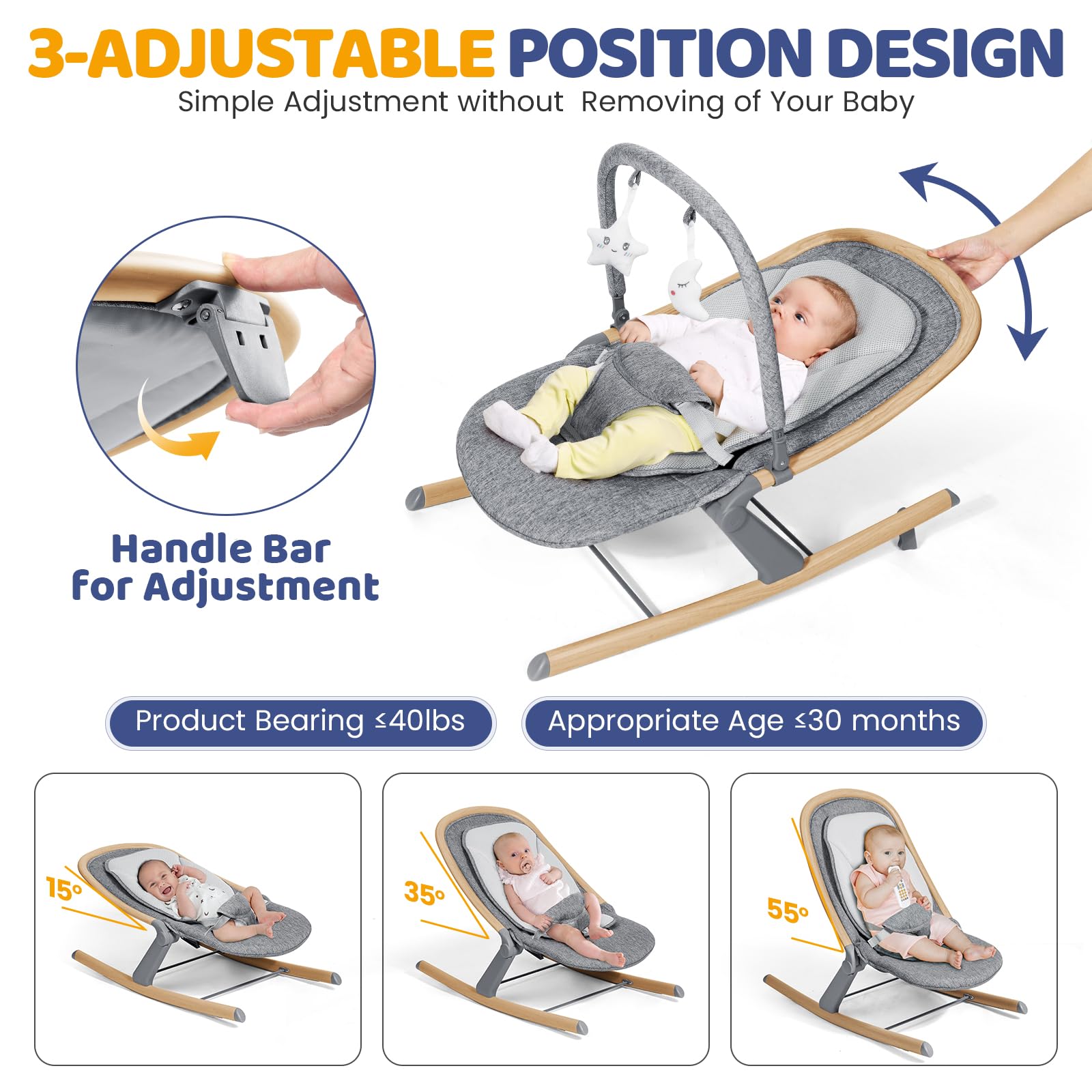 Orzbow Baby Rocker Chair base angle 55° encourages active engagement and curiosity.