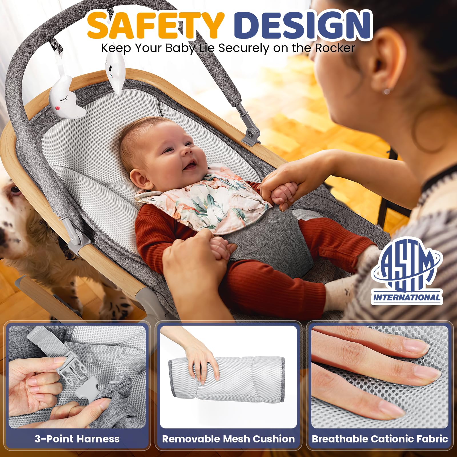 Orzbow Baby Rocker Chair removable play bar for safe, engaging playtime.