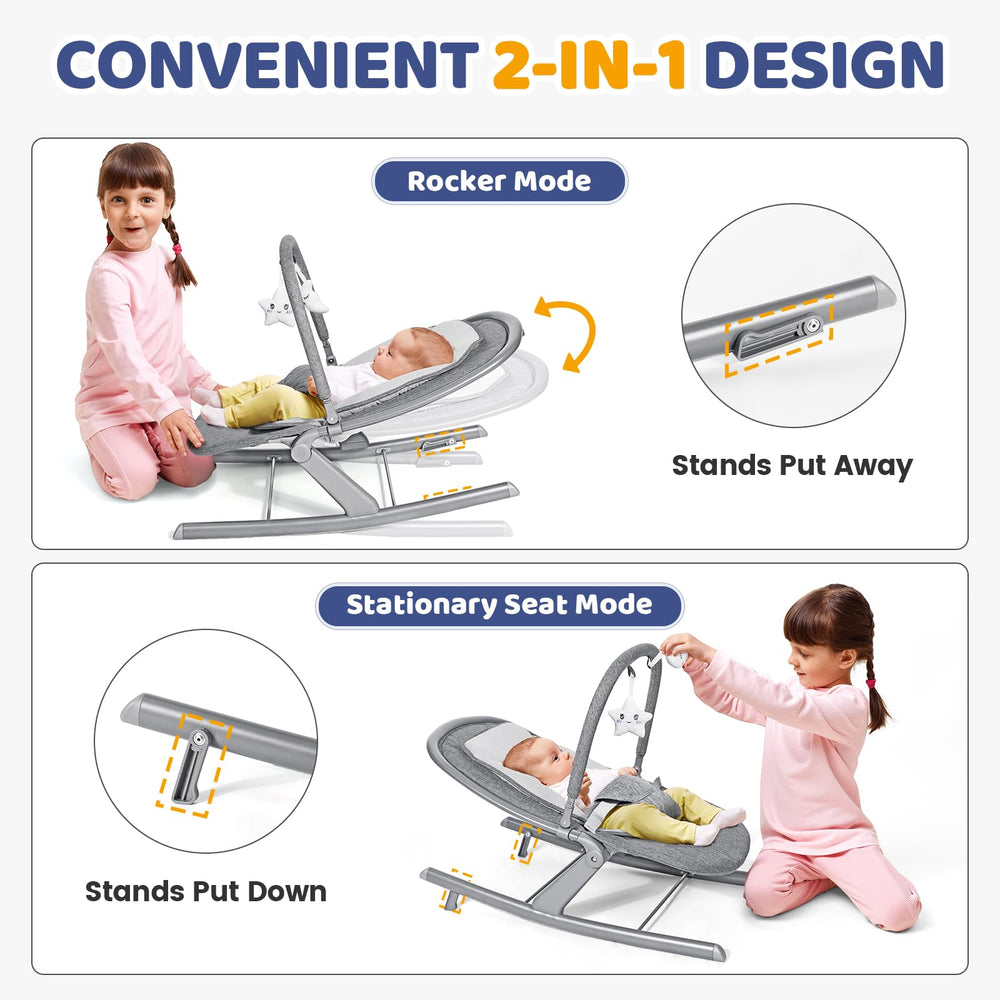 Orzbow baby rocker side view highlights a stable frame and portable travel design.