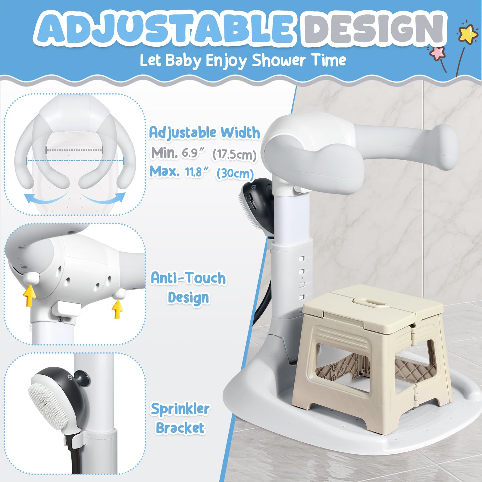 Orzbow baby shower stand anti-slip-base provides stable support during bath time