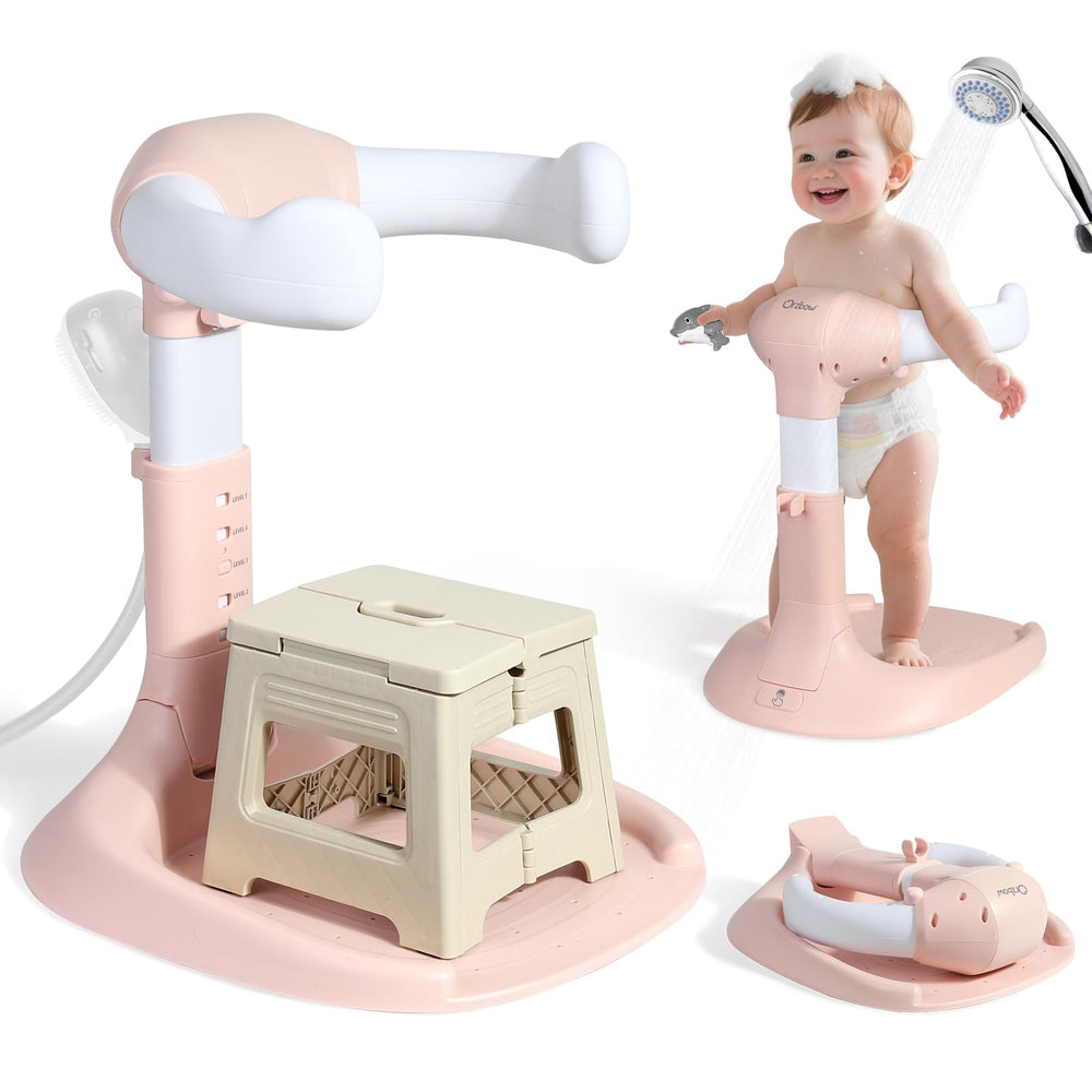 Orzbow baby shower stand with folding chair for hands-free bathing