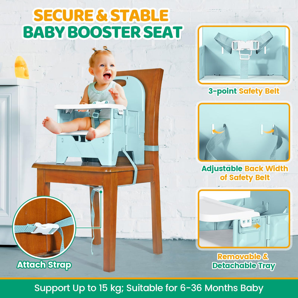 Orzbow booster seat in use at dining table supports independent meals.