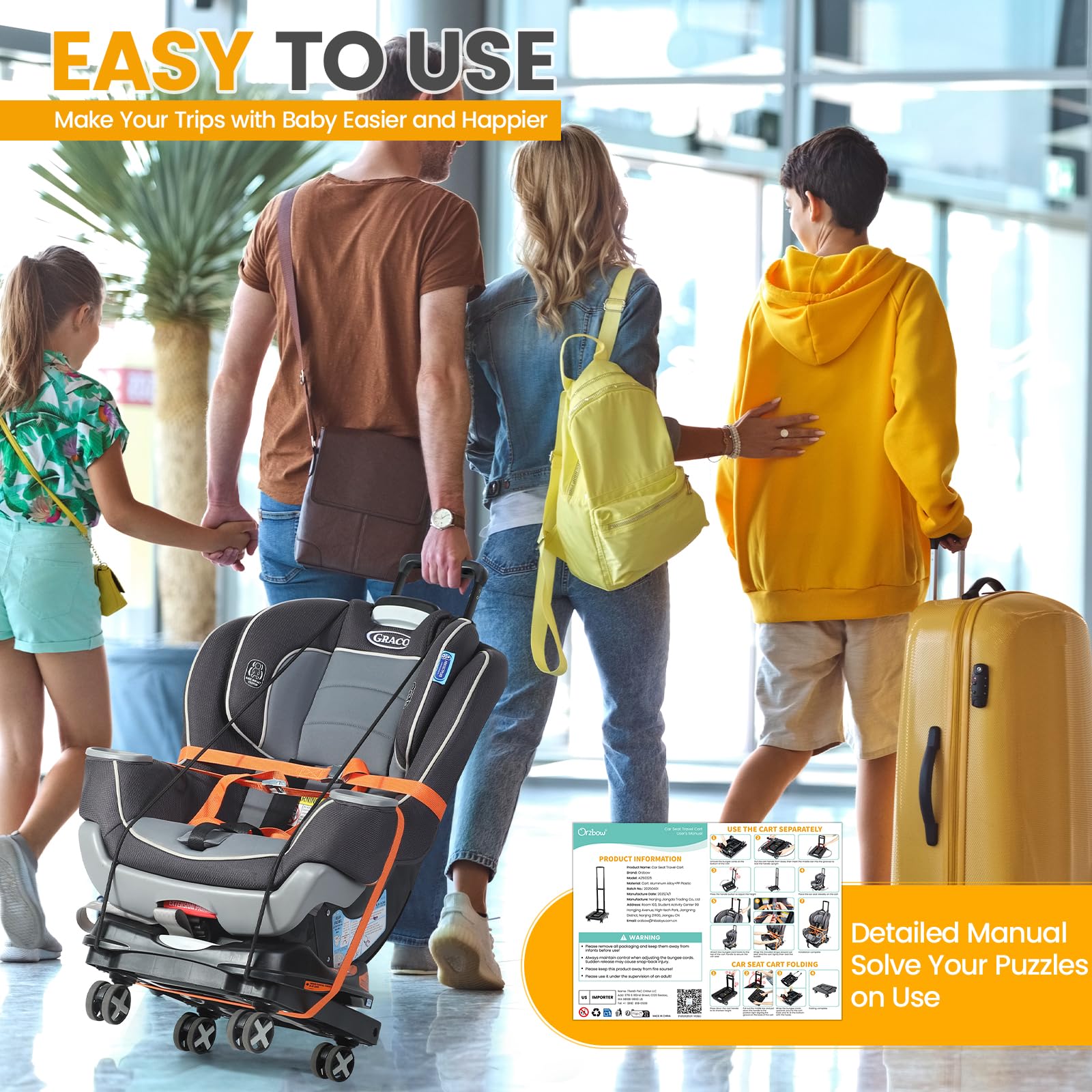 Orzbow car seat cart supports up to 110 lbs for seats and luggage.