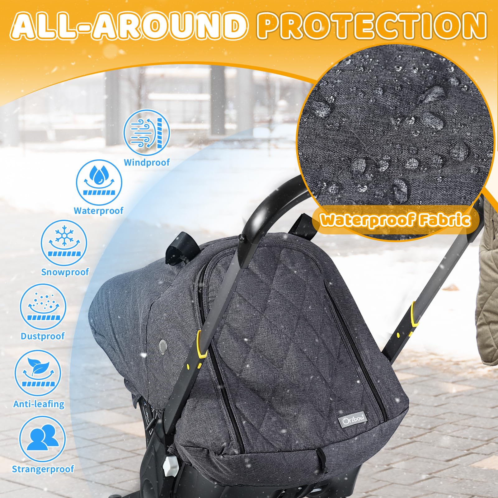 Orzbow car seat cover shows Doona-compatible fit for secure travel