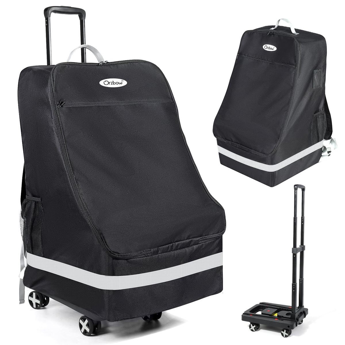 Orzbow car-seat travel bag folding cart assembly shows detachable bag and cart in one.