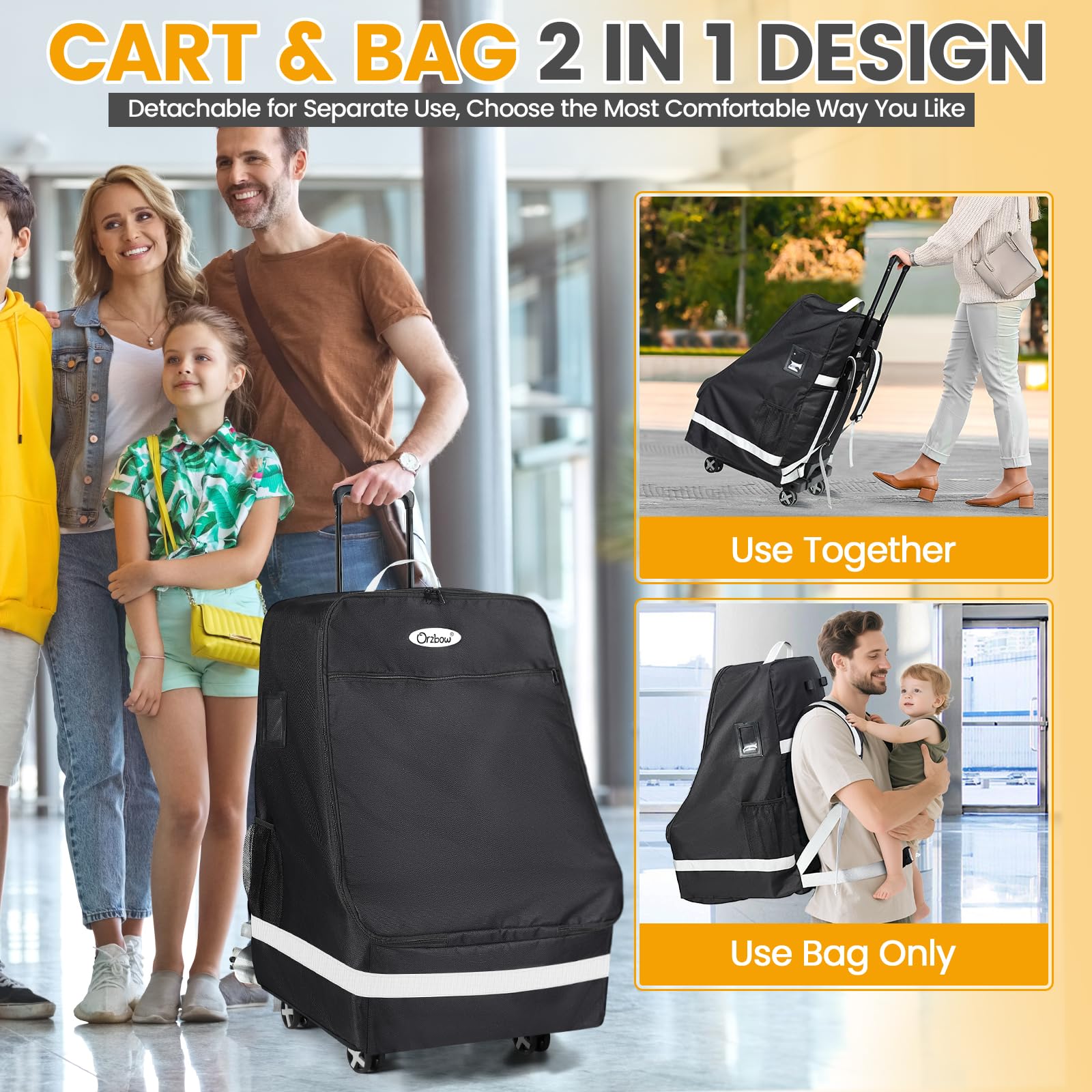 Orzbow car-seat travel bag on wheels enables easy airport transport.