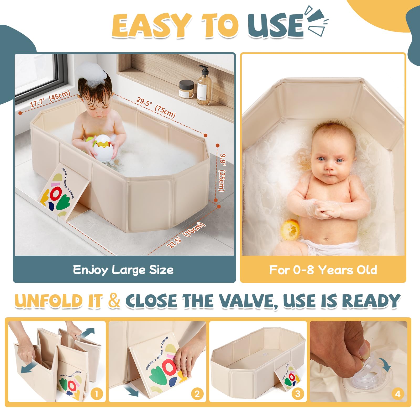 Orzbow collapsible baby bathtub unfolded size 45x75 cm for longer baths