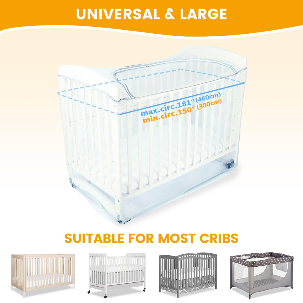 Orzbow elastic-fit crib tent hugs most standard cribs for secure, snug coverage.