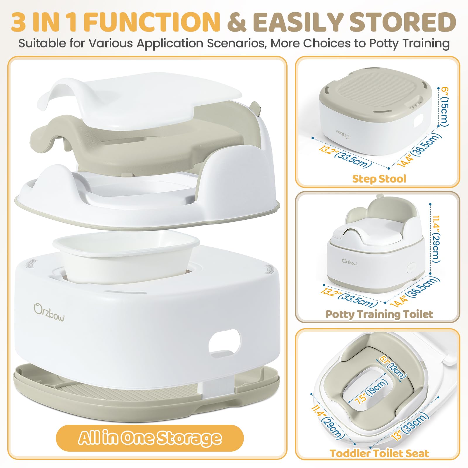 Orzbow detachable potty bowl allows quick removal for easy cleaning.