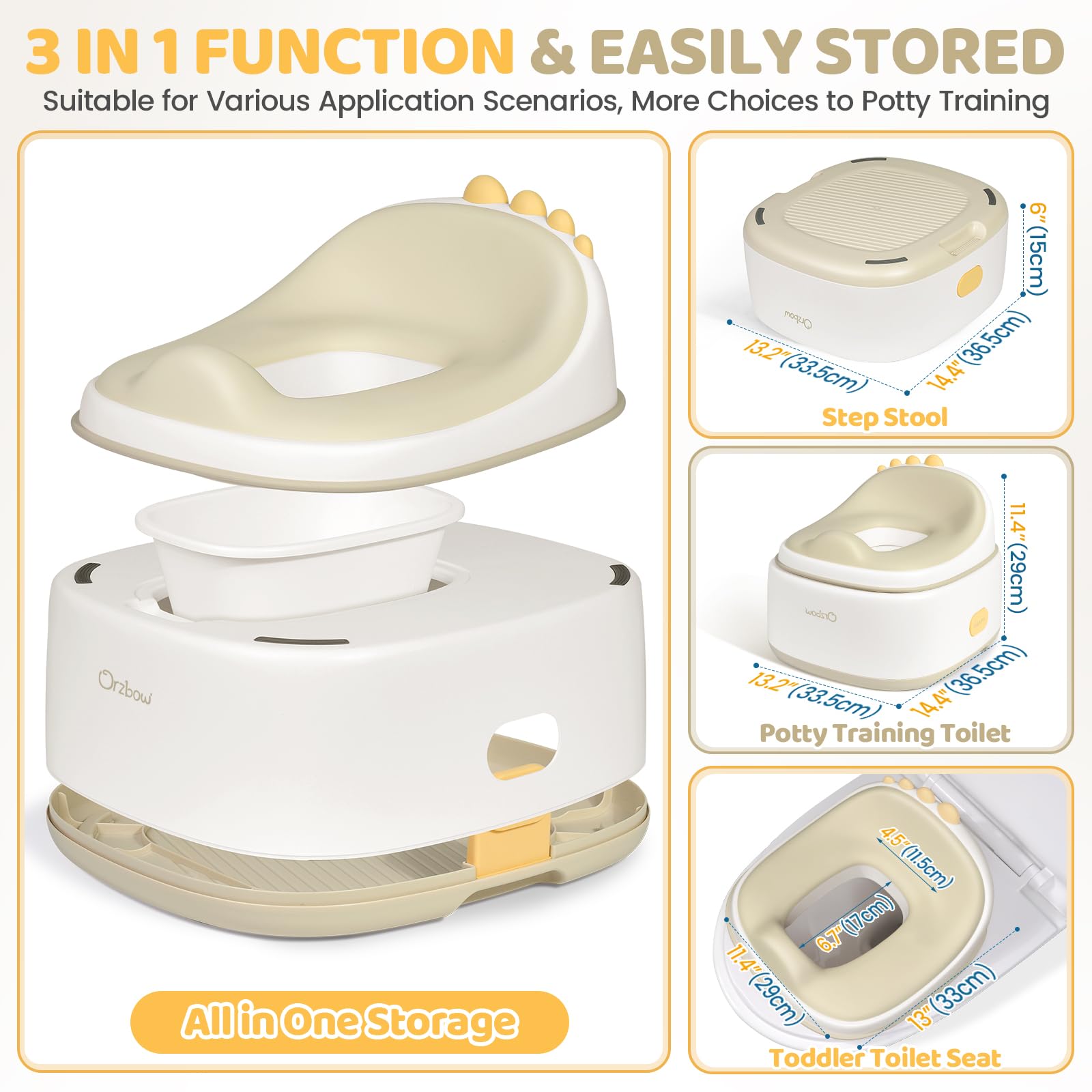 Orzbow detachable potty with lift-out pot for easy cleanup.