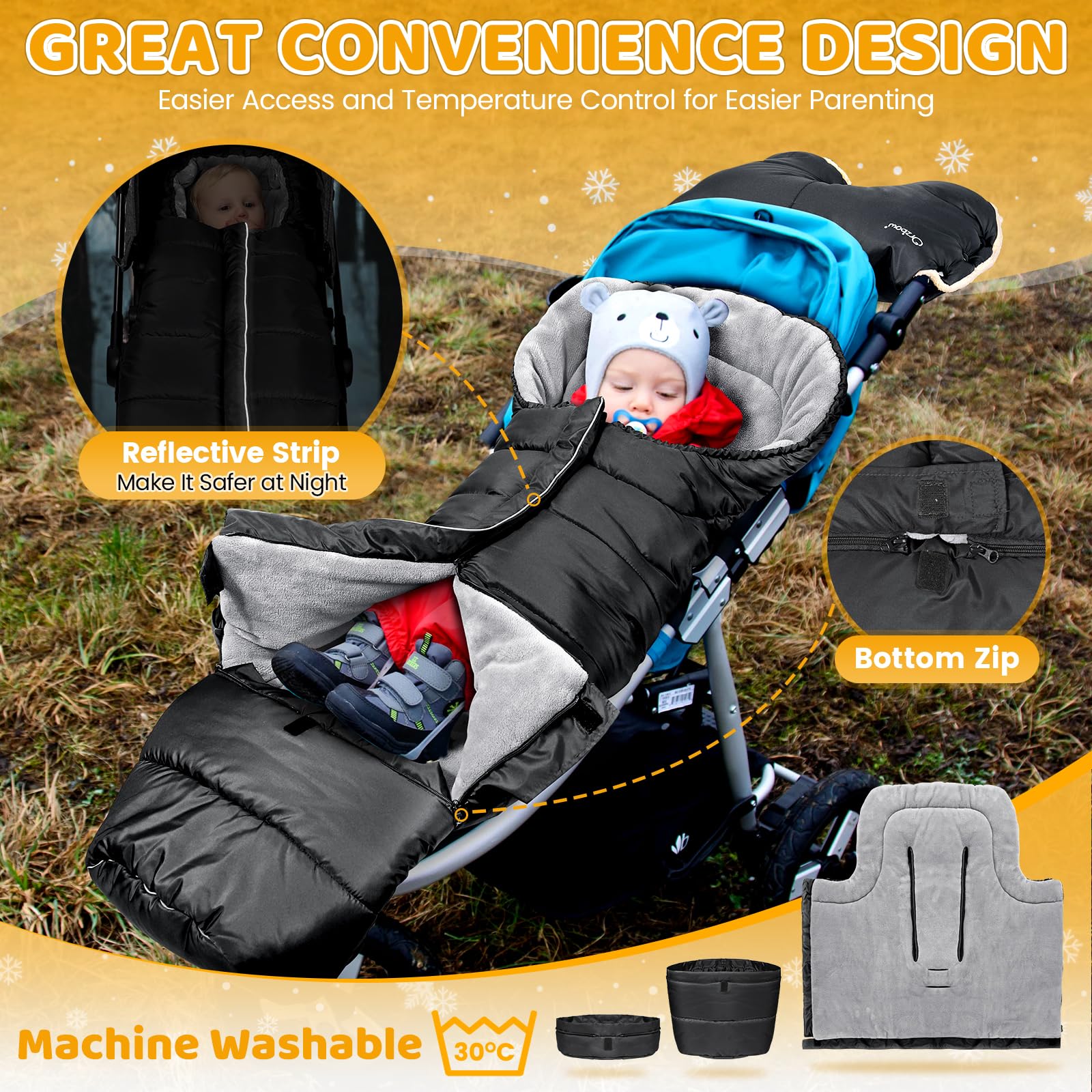 Orzbow dual-zipper ventilation supports diaper changes without removing baby.