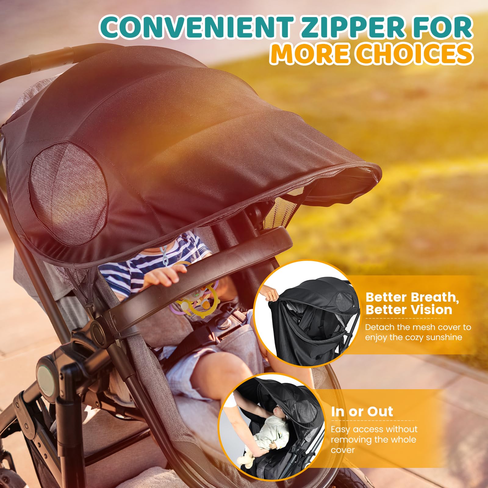 Orzbow stroller shade with eight fixings demonstrates stable, wind-resistant attachment.
