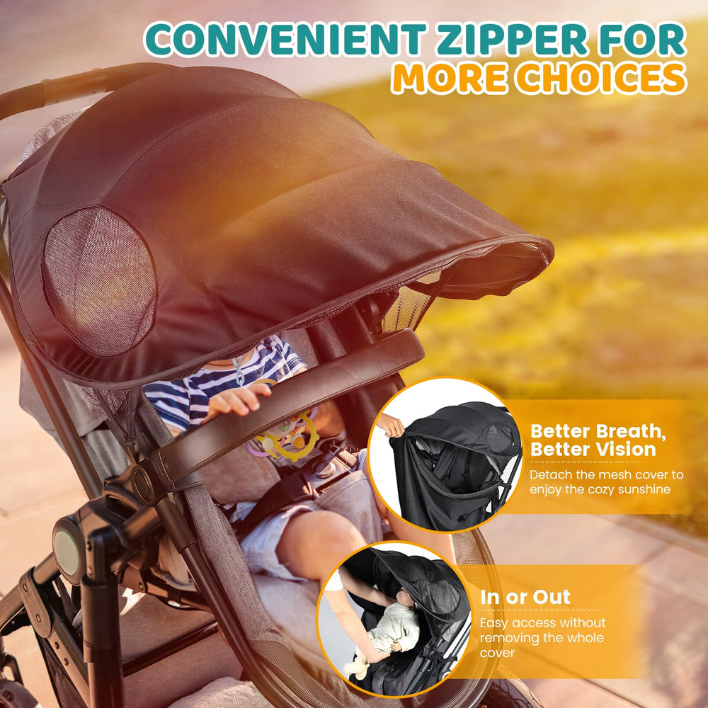 Orzbow stroller shade with eight fixings demonstrates stable, wind-resistant attachment.