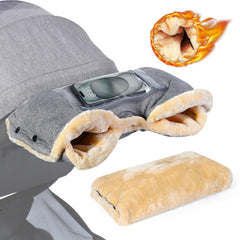 Orzbow faux sheepskin gloves mounted on a stroller handlebar for secure warmth.